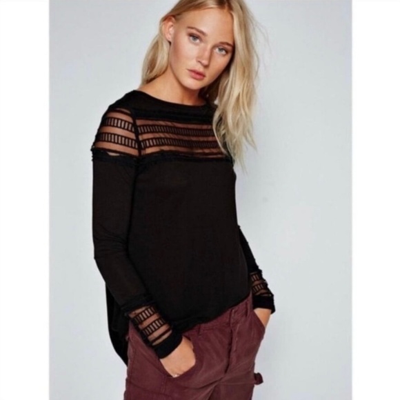 Free People Cut Out Mesh Black Top Womens XS Boho Whimsigoth Witchy Emo Chic - Picture 1 of 14